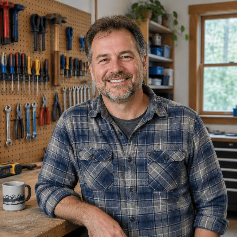 Mac smiling in his home workshop