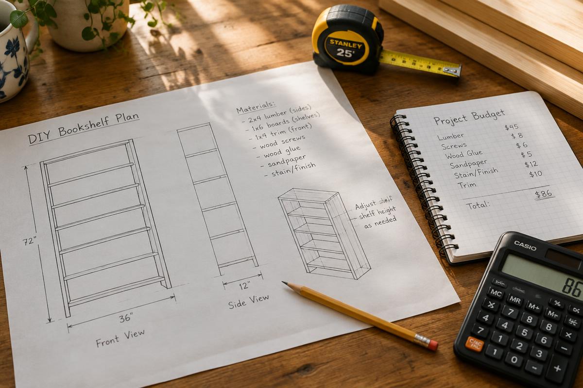 DIY bookshelf plan sketch, budget notebook, calculator, pencil and tape measure on a wooden table