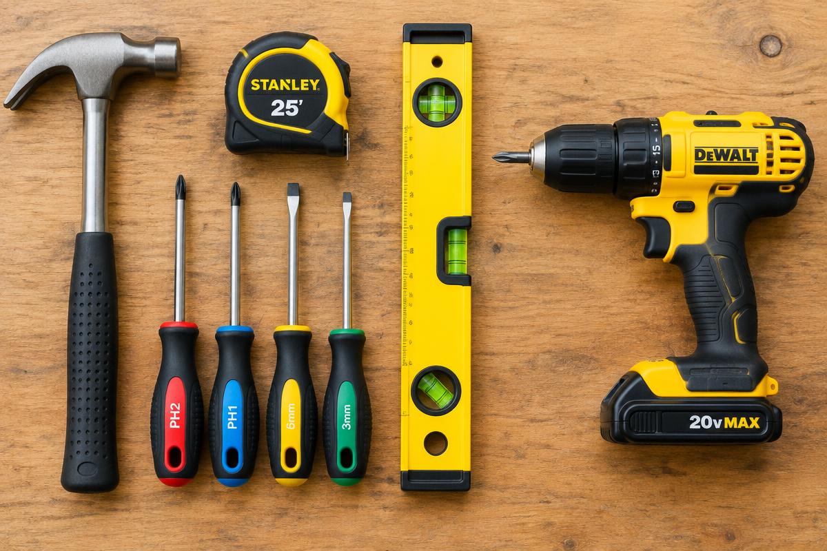Hammer, tape measure, screwdrivers, level and cordless drill laid out on a wooden workbench